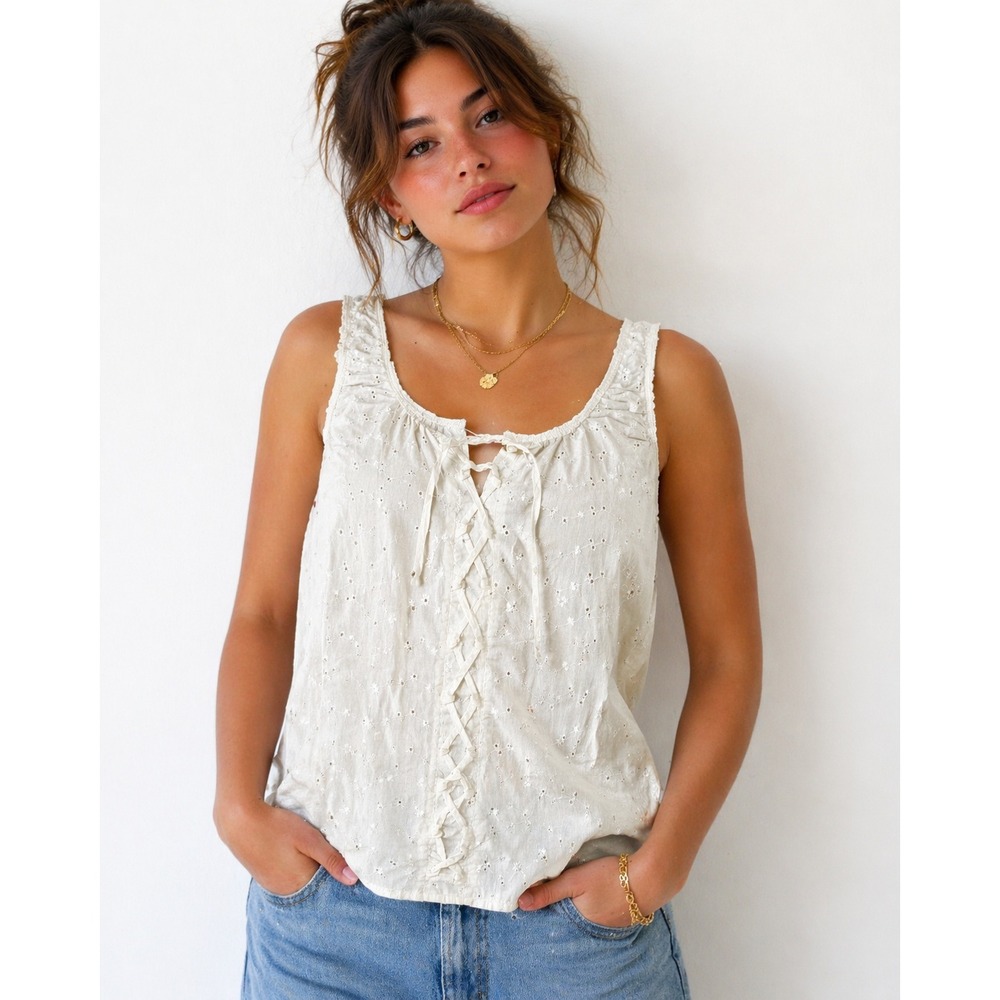 Zoey Beth Plus 1X Eyelet Summer Tank Top Ivory Cream Cottagecore Boho Lace Trim